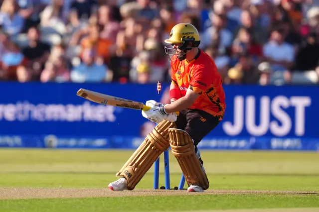 Birmingham Phoenix's Ben Duckett is bowled out by Trent Rockets' David Willey during the Hundred Men's match at Edgbaston, Birmingham