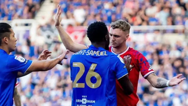 Altercation between Birmingham City defender Bright Osayi-Samuel (26) and Ipswich Town midfielder Jack Taylor (14) resuting in booking for both during the EFL Sky Bet Championship match between Birmingham City and Ipswich Town at the St. Andrew's @ Knighthead Park Stadium, Birmingham
