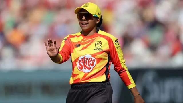 Alana King of Trent Rockets gestures in the field