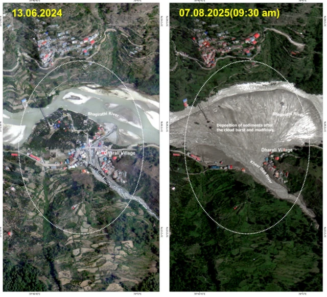 Satellite images showing the flooding in Uttarakhand. A number of buildings, a patch of green vegetation and a road along with a small connecting bridge have disappeared and cone shaped flooding can be seen