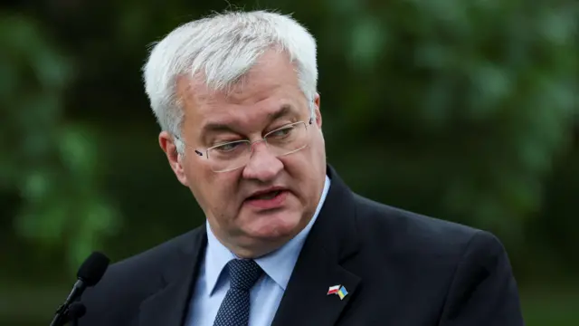 Ukrainian Foreign Minister Andrii Sybiha attends a press conference with Polish Foreign Minister Radoslaw Sikorski (not pictured) in Chobielin-Dwor, Poland