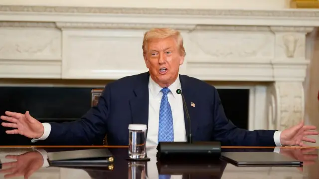 Donald Trump speaks behind a microphone at a desk, wearing suit.