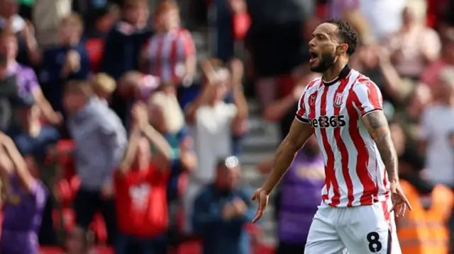 Lewis Baker celebrates for Stoke against Derby