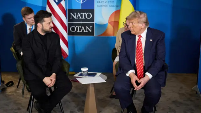 U.S. President Donald Trump and Ukraine's President Volodymyr Zelenskiy attend a meeting on the sidelines of NATO summit in The Hague, Netherlands June 25, 2025.