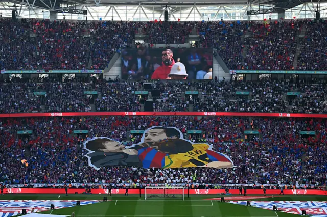 Crystal Palace fans with a banner at Wembley Stadium