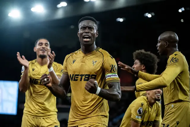 Guehi celebrates scoring for Palace v villa