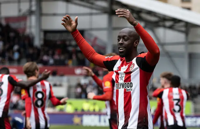 Brentford's Yoane Wissa celebrates scoring his side's fourth goal during the Premier League match between Brentford FC and Manchester United FC at Gtech Community Stadium on May 04, 2025 in Brentford, England.