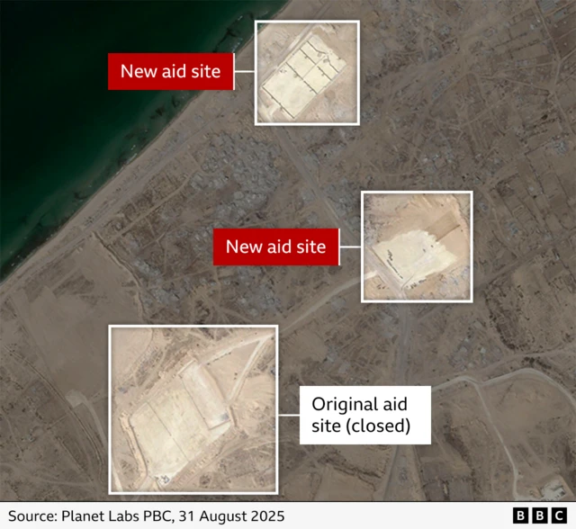 A satellite image with new aid sites highlighted