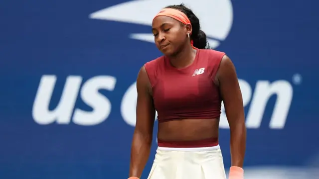 Coco Gauff looks disappointed on court at the US Open
