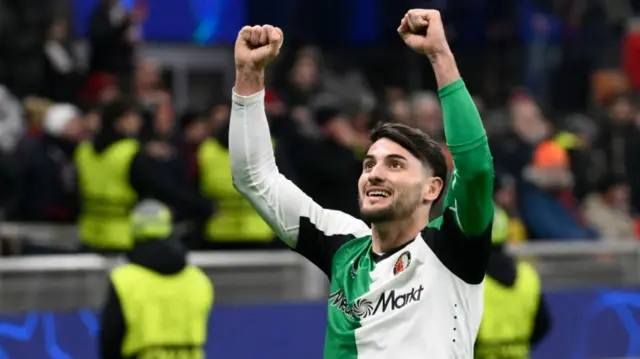 Julian Carranza celebrating scoring for Feyenoord against AC Milan