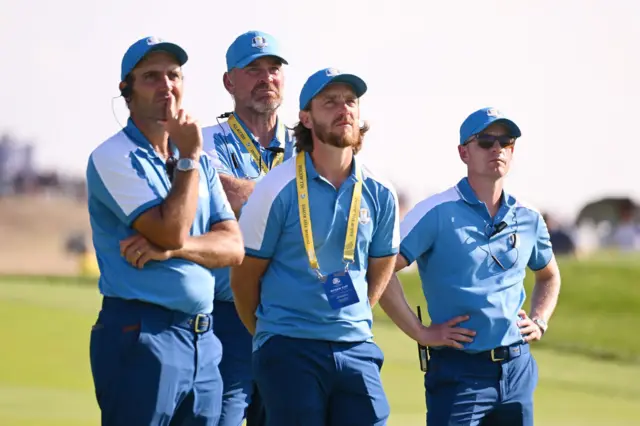 Luke Donald, - Thomas Bjorn, Edoardo Molinari and Tommy Fleetwood watching the action during the 2023 Ryder Cup