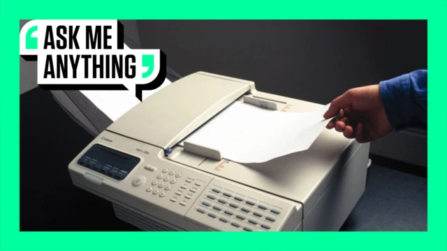 A fax machine with an Ask Me Anything border around it
