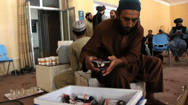 A blood bank worker sorts blood donations