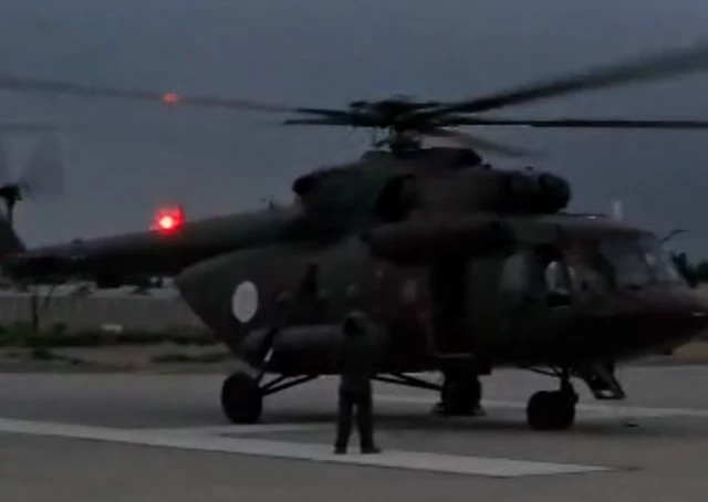 Military helicopter lands at the airport in Afghanistan