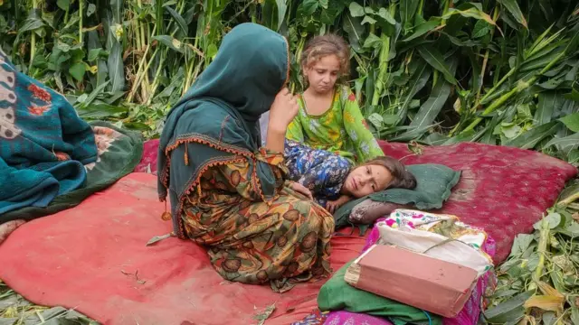 A woman and two chilrdren lie on a blanket in a field