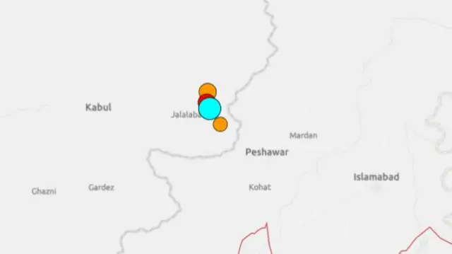 A map showing circles of different sizes demarcating the locations of the earthquakes in Afghanistan.