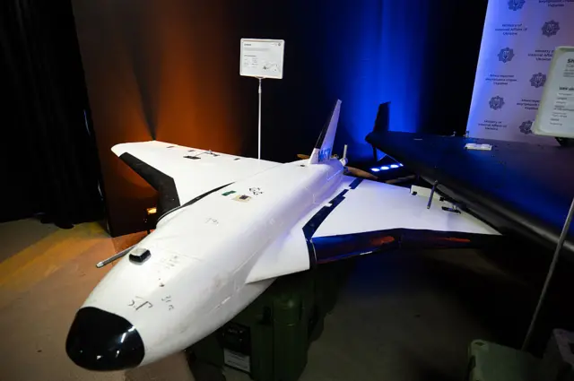 An intact Gerbera Russian UAV on display in Kyiv, Ukraine