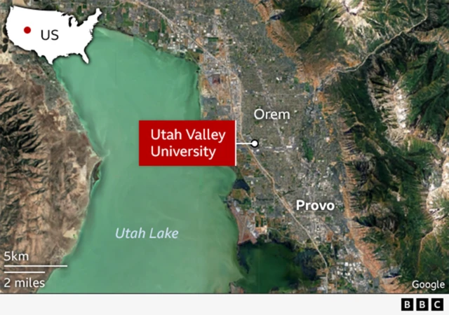 Map showing the location of Utah Valley University in Orem, close to Utah Lake and about 50km (30 miles) south of Salt Lake City in the state of Utah.