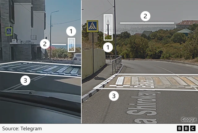 A BBC graphic showing how we matched features in the footage (left) with older Google Street View imagery (right)