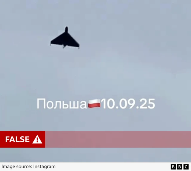 A screenshot of a drone in the air, texting saying 9 September and a red fake label