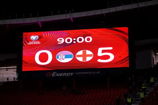 A scoreboard showing the result Serbia 0-5 England