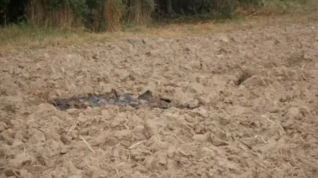 A big patch of mud that is very churned up. In the middle of it is a darker patch that looks like debris or something that has been on fire