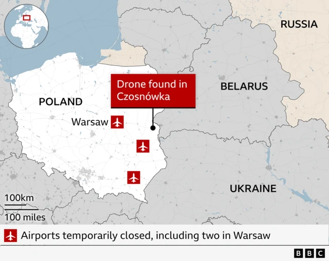 Map shows area in which a drone attack happened overnight. With Poland, Russia, Belarus and Ukraine labelled. The label for where the drone was found, Czosnówka, is a village in eastern Poland, about 40km (25 miles) from the border with Belarus. There are also labels to show where four airports were temporarily shut in Poland, including two in Warsaw, due to the drone strike.