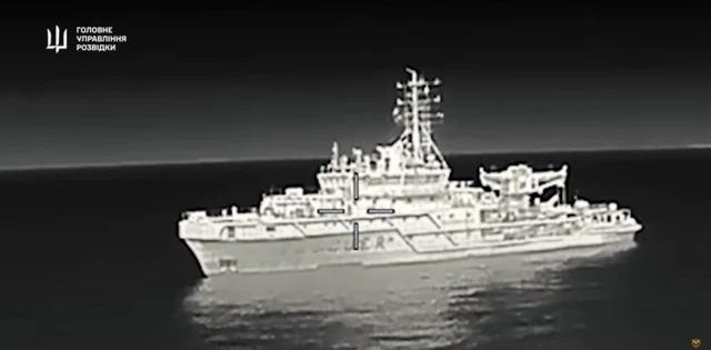 A screengrab from the footage supplied by Ukrainian military intelligence showing the ship it says it attacked