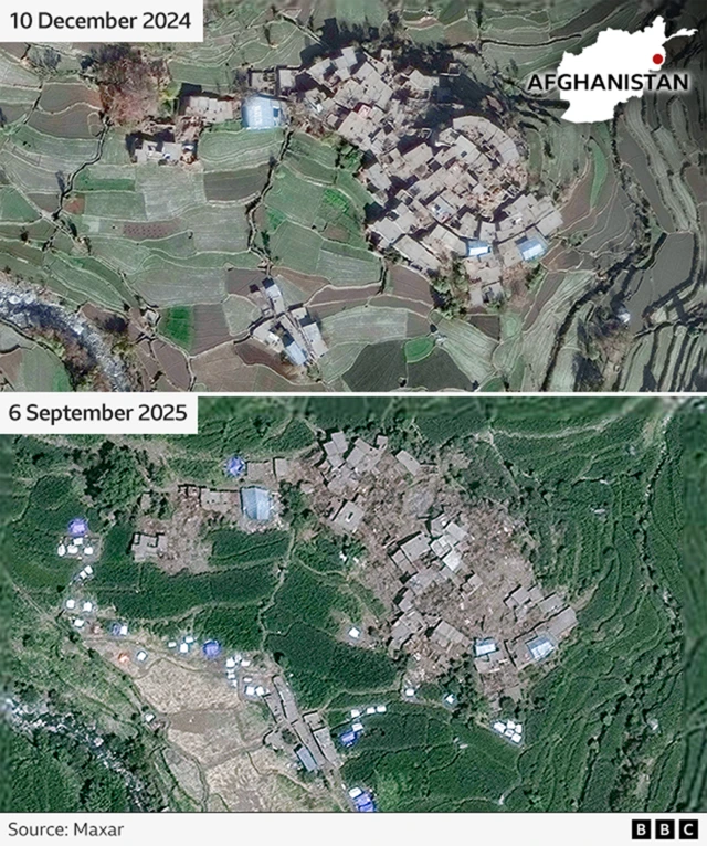 A before and after satellite image comparison showing damage to the village