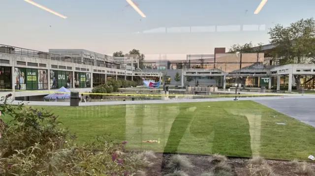 Yellow tape blocks off a courtyard at Utah Valley University.