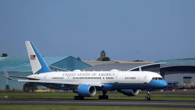 Air Force Two taxis on the runway at Prestwick Glasgow Airport