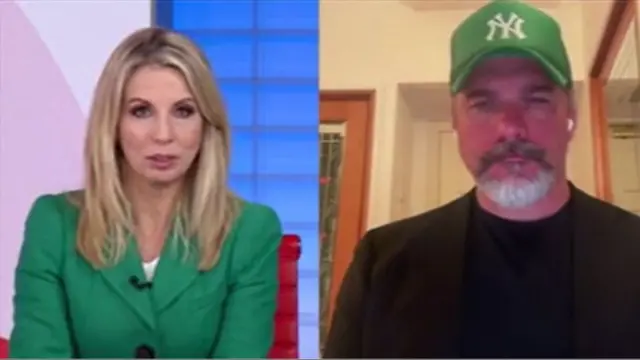 A split screen image showing BBC News presenter Catriona Perry wearing a green suit on the left and David Engelhardt in a black shirt and jacket and green baseball cap on the left.