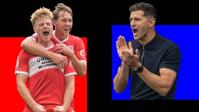 Middlesbrough's Tommy Conway celebrates as Portsmouth manager John Mousinho claps his team in encouragement