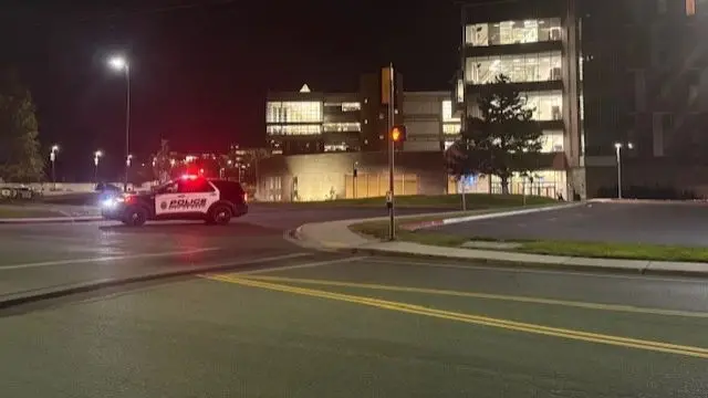 Police car with red light on top parked on street corner.