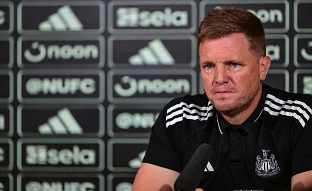 Eddie Howe speaks at his news conference at Newcastle United's training ground
