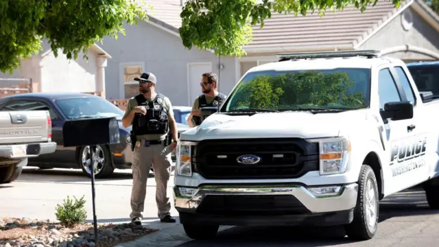 Two police officers look away from a police van parked beside a mailbox