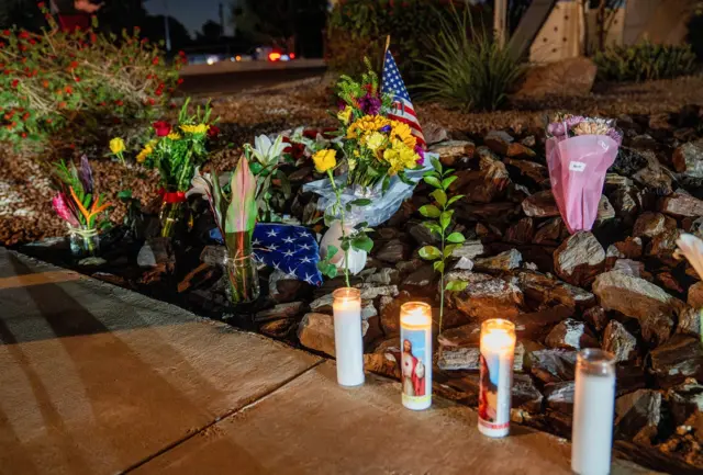 A makeshift memorial, outside the mortuary where the body of slain conservative activist Charlie Kirk was delivered,