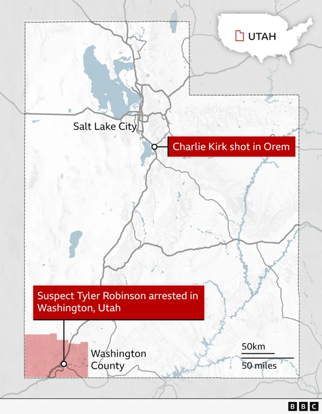 Map of Utah showing two locations – one south of Salt Lake City where Charlie Kirk was shot in Orem, near the centre of the state. Second location shows where shooting suspect Tyler Robinson was arrested in Washington, Washington County, Utah' in the southwest