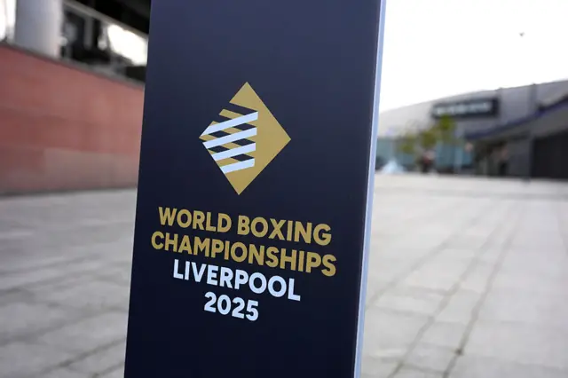 General view outside the stadium of the World Boxing Championships signage during the World Boxing Championships at M&S Bank Arena
