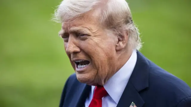 Trump in a blue suit and red tie stands on some grass