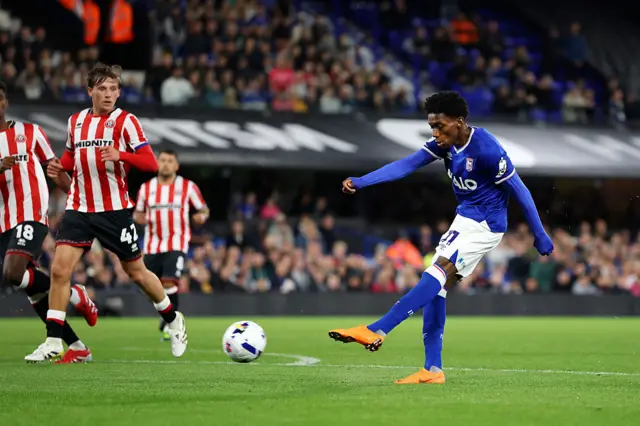 Jaden Philogene of Ipswich Town scores his team's fourth goal and his hat trick goal
