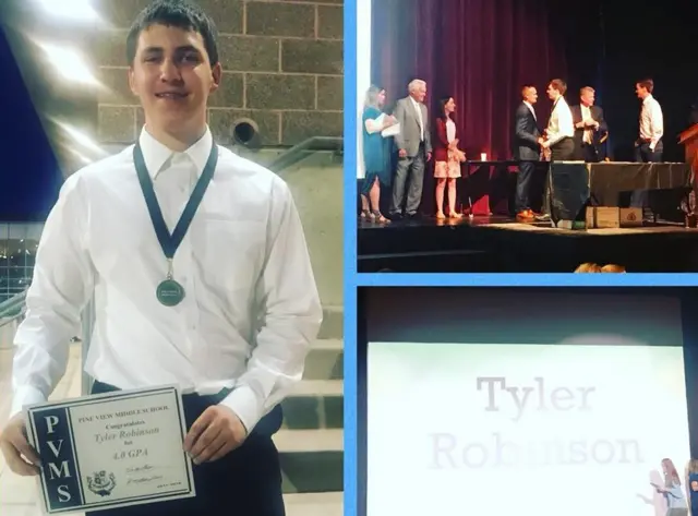 A collage photo of Tyler Robinson. On left: Robinson is holding a school certificate with a 4.0 GPA. On top right, Robinson walks across the stage.