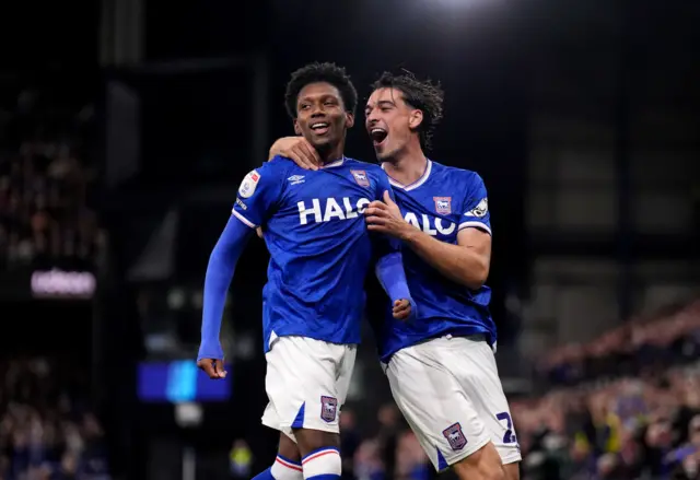 Ipswich Town's Jaden Philogene-Bidace (centre) celebrates