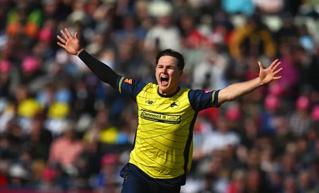 Sonny Baker appeals for an lbw decision against Ravi Bopara