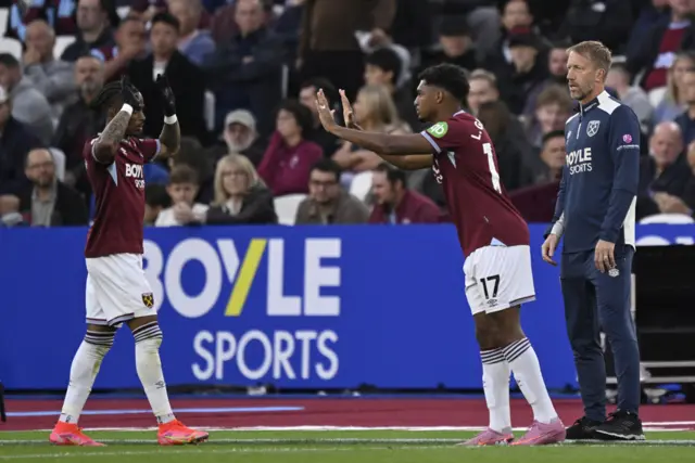West Ham United's Luis Guilherme comes on as a substitute to replace Crysencio Summerville