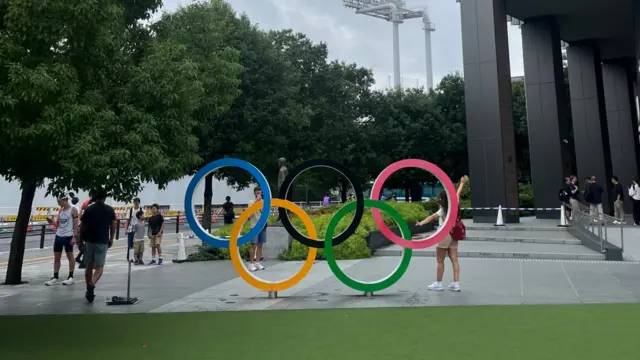 The Olympic rings outside the National Stadium in Tokyo