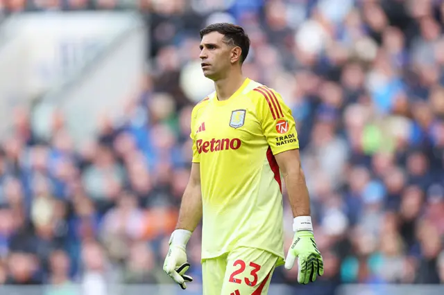 Emiliano Martinez of Aston Villa looks on during the Premier League match between Everton and Aston Villa at Hill Dickinson Stadium on September 13, 2025 in Liverpool, England.