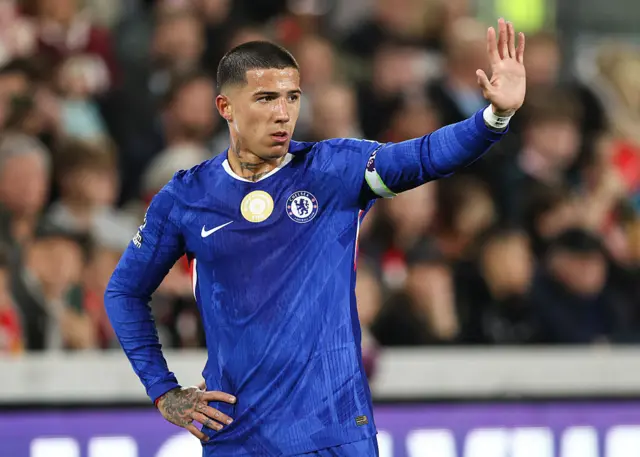 Enzo Fernandez of Chelsea during the Premier League match between Brentford and Chelsea at Gtech Community Stadium on September 13, 2025 in Brentford, England.