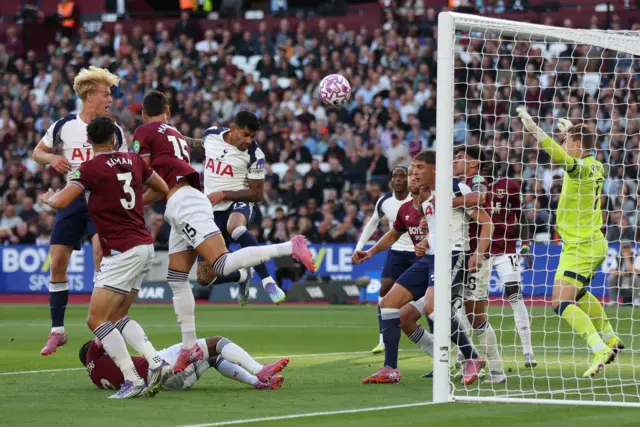 Tottenham Hotspur's Cristian Romero scores but the goal is ruled out following a VAR review during the Premier League match