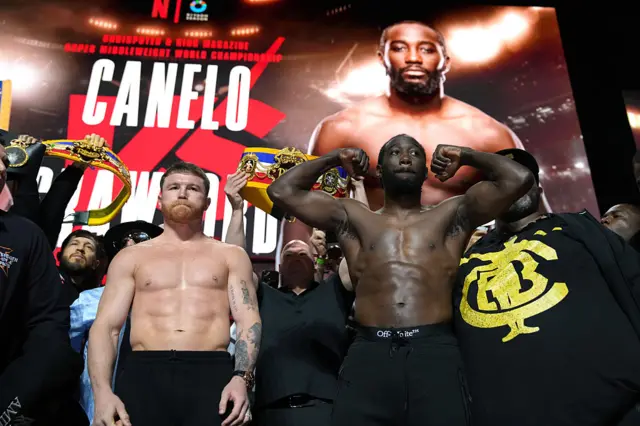 Saul 'Canelo' Alvarez and Terence Crawford flex their muscles at a weigh-in